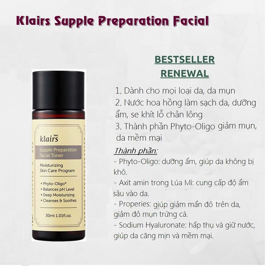 Toner dưỡng ẩm Klairs Supple Preparation Facial Toner 30ml