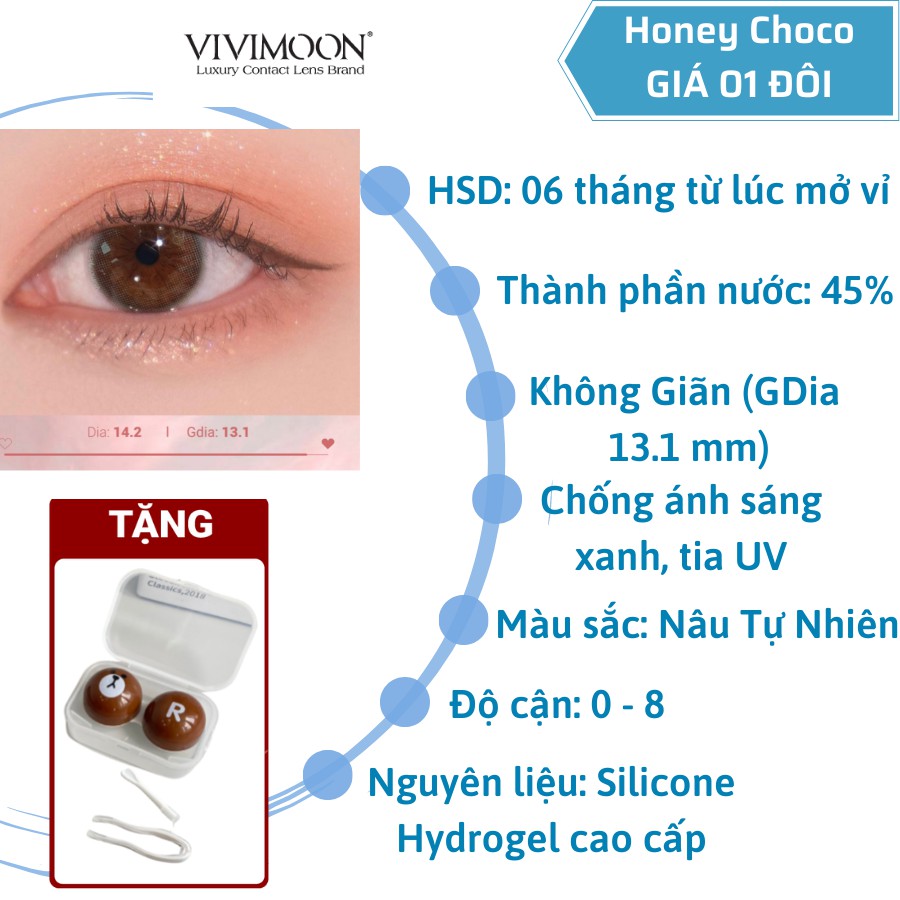 Combo Kính Áp Tròng Cận Không Giãn Màu Nâu Tự Nhiên Cho Mắt Thở Honey Choco Và Nước Ngâm Lens, Nhỏ Mắt The View