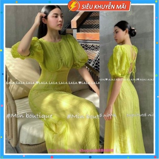 Váy Đầm cúp ngực sọc nhăn hở lưng tay bồng chun eo có khóa lưng 2 lớp màu xanh bơ (cốm)