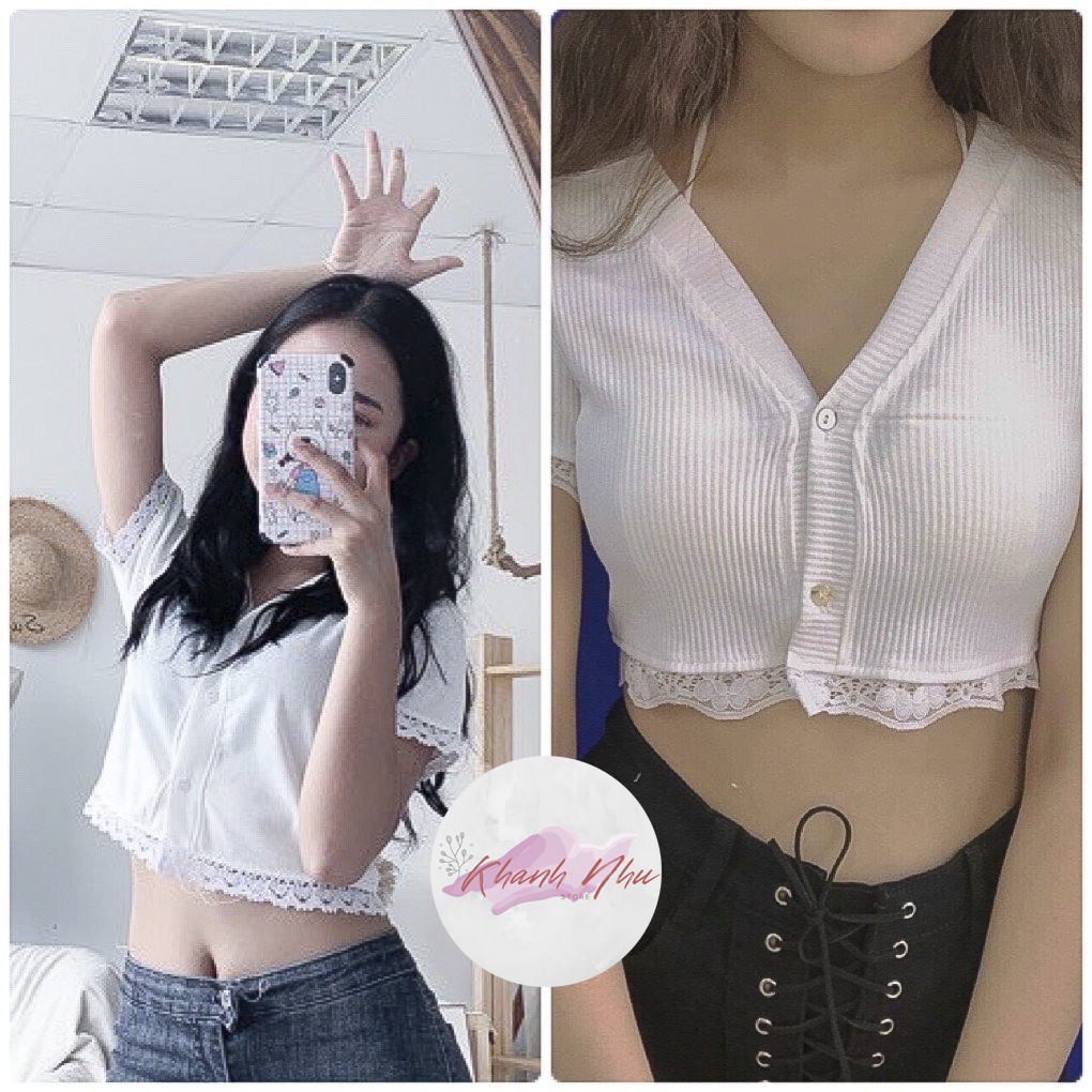 Áo croptop Pha Ren Nữ- croptop cộc tay pha ren, Phông Thun Body Cổ V Dáng Ôm Ngắn Tay