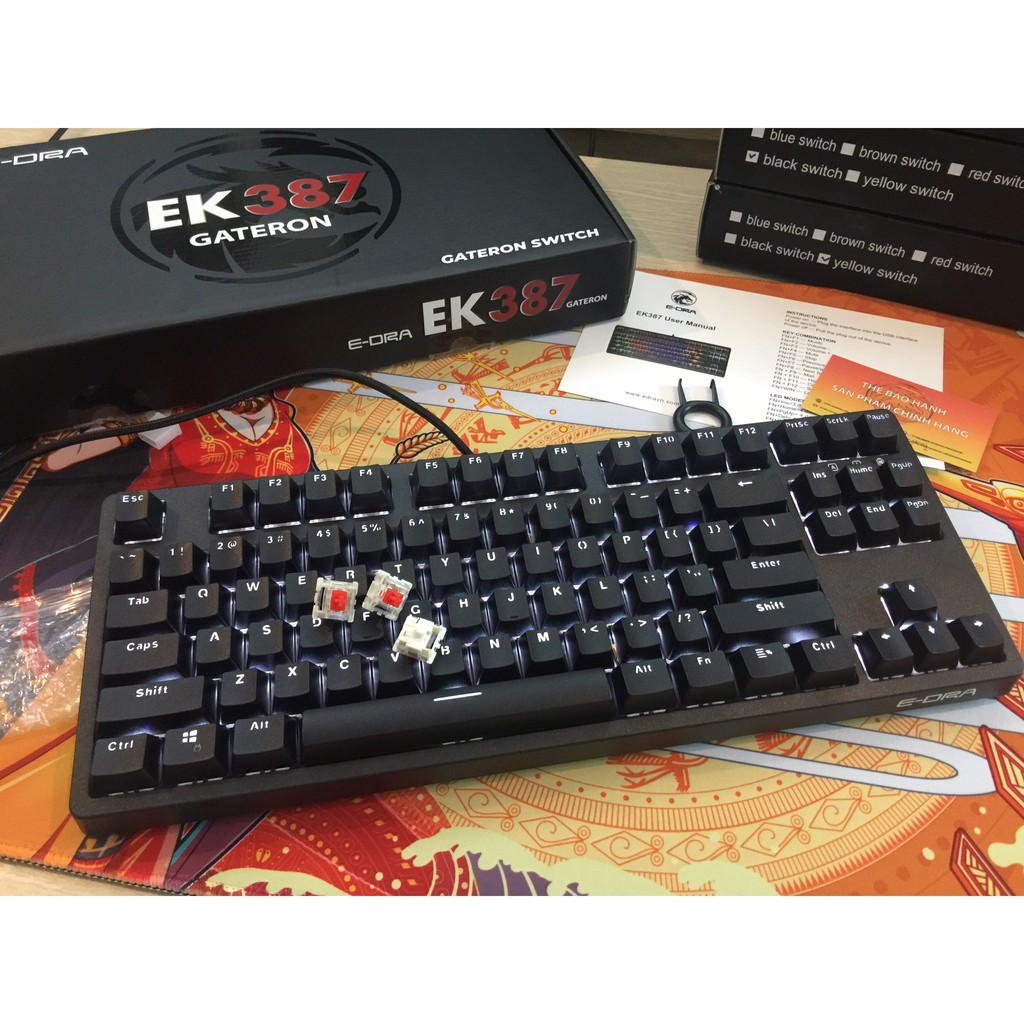 Bàn phím máy tính EDRA EK387 Gateron Switch Cơ Đèn Led Có Dây Chống Nước chơi Game Văn Phòng 87 phím tặng keycap cờ đỏ