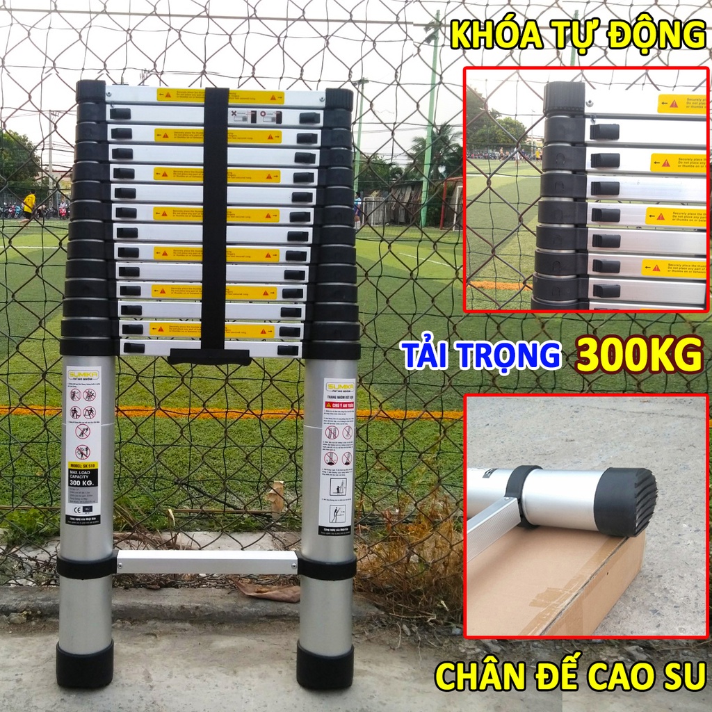 Thang nhôm rút xếp đơn 3,8M Sumika SK380 tải trọng 300kg, bảo hành 2 năm, thang thợ điện, thang công trình