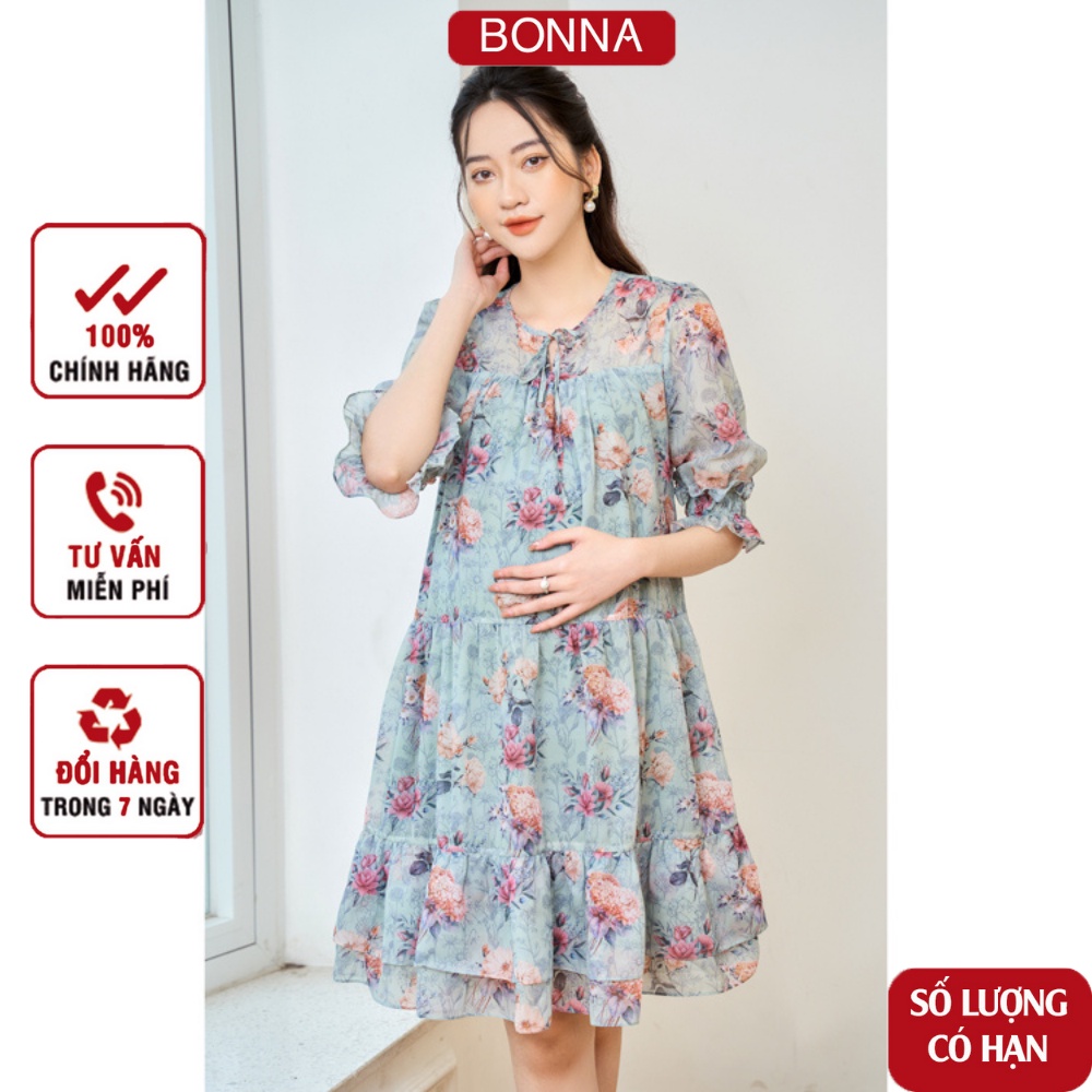 Đầm bầu thiết kế BONNA dáng suông đuôi cá 2 lớp, chất liệu tơ cao cấp, lót lụa kín đáo, họa tiết hoa nền xanh tím VS131