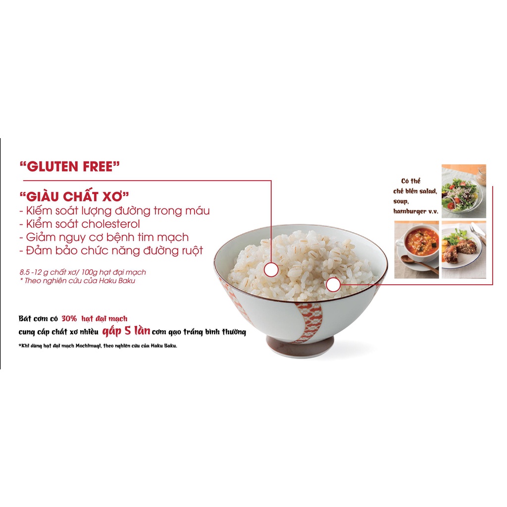 Combo 2 gói hạt Đại Mạch 800g HakuBaku, Chất xơ x4, Lợi tiêu, Ngăn hấp thụ đường