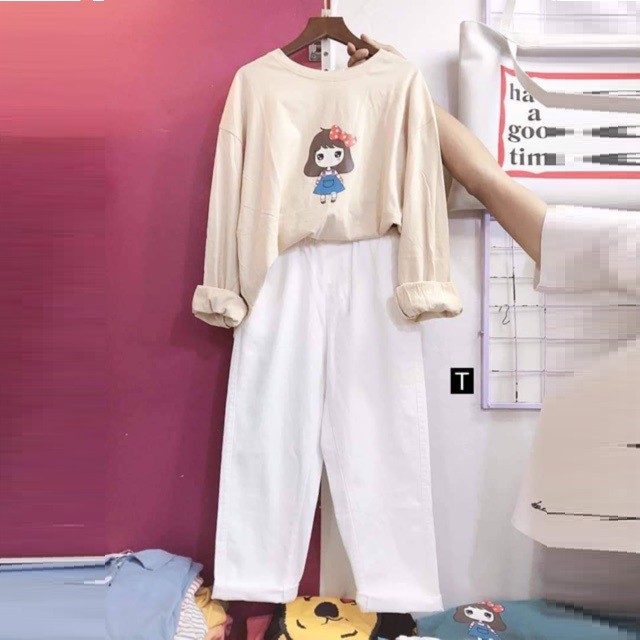 Sét Bộ Đồ Nữ Xinh Cute, Áo Phông Cotton Organic Dài Tay In Cô Gái Nơ Đỏ Kèm Quần Kaki Phong Cách Teen Hàn Quốc