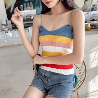 Áo len dệt kim 2 dây màu cầu vồng ôm dáng quyến rũ cho nữ