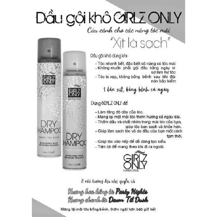 Dầu Gội Khô Giúp Tóc Sạch Dầu Và Trở Nên Bồng Bềnh Ngay Lập Tức Girlz Only Dry Shampoo 200ml - No Residue Nude (Trắng)