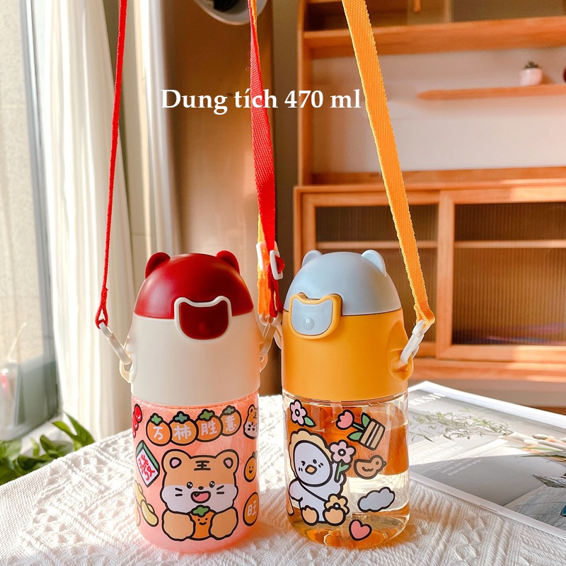 Bình Nước Đi Học Cho Bé Có Ống Hút Cute Dung Tích 470ml BN21