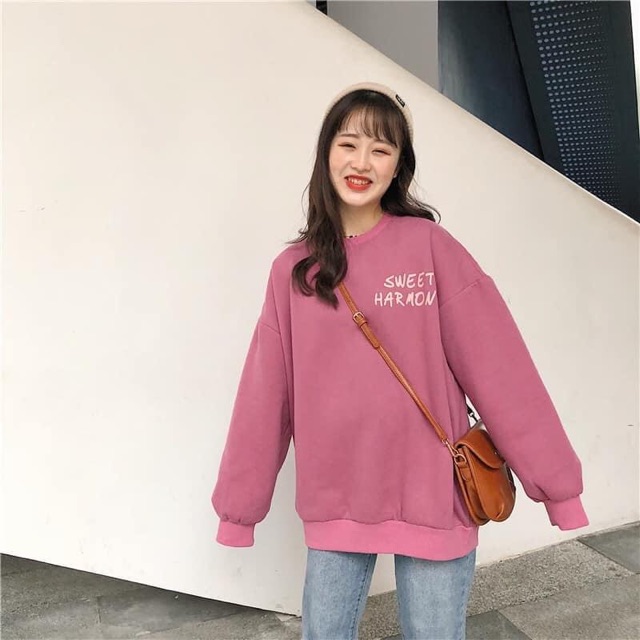 Áo nỉ Sweet Harmon ulzang Tay Phồng, Áo Sweater Nỉ Chui Đầu Form Rộng Unisex