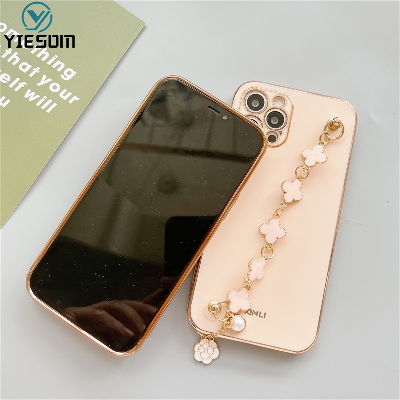 Ốp Điện Thoại Silicon Mềm Họa Tiết Lá May Mắn Có Dây Đeo Tay Cho iPhone 13 12 11 Pro Max