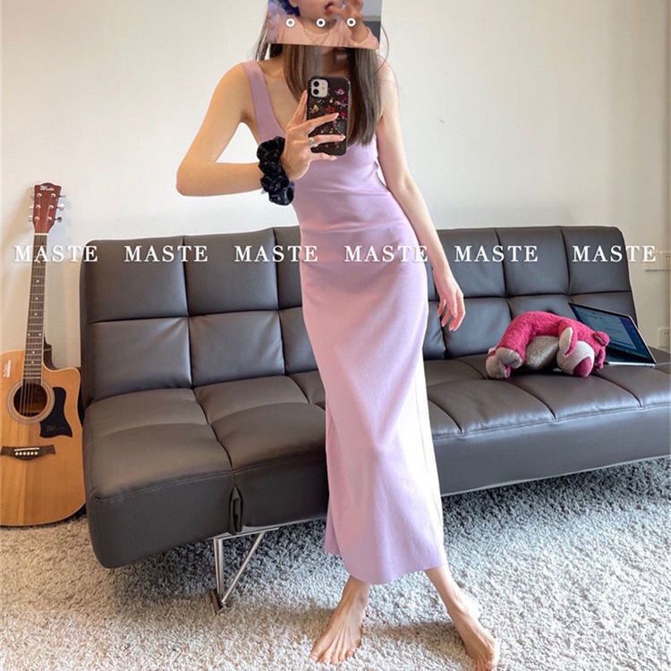 Váy Đầm Sling Đầm Hai Dây Dáng Dài Màu Tím Trơn Đính Hạt Châu Âu Xinh Xắn Dễ Phối Đồ Mùa Hè Phong Cách Hong Kong Cho Nữ