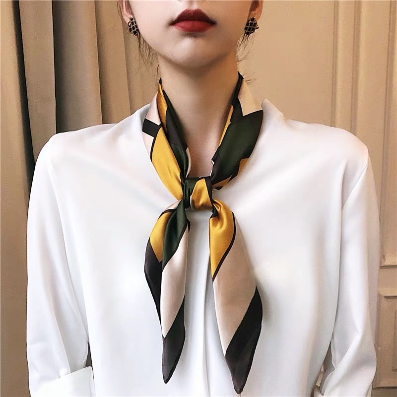 Khăn lụa vuông kẻ ô màu đơn giản cột cổ áo sơ mi - Maben