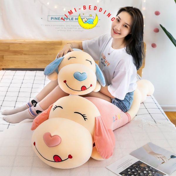 Gấu bông con chó ngủ mũi trái tim tim hồng, xanh tai dài siêu cute, đáng yêu kích thước 90cm, 110cm, 140cm - Timibedding