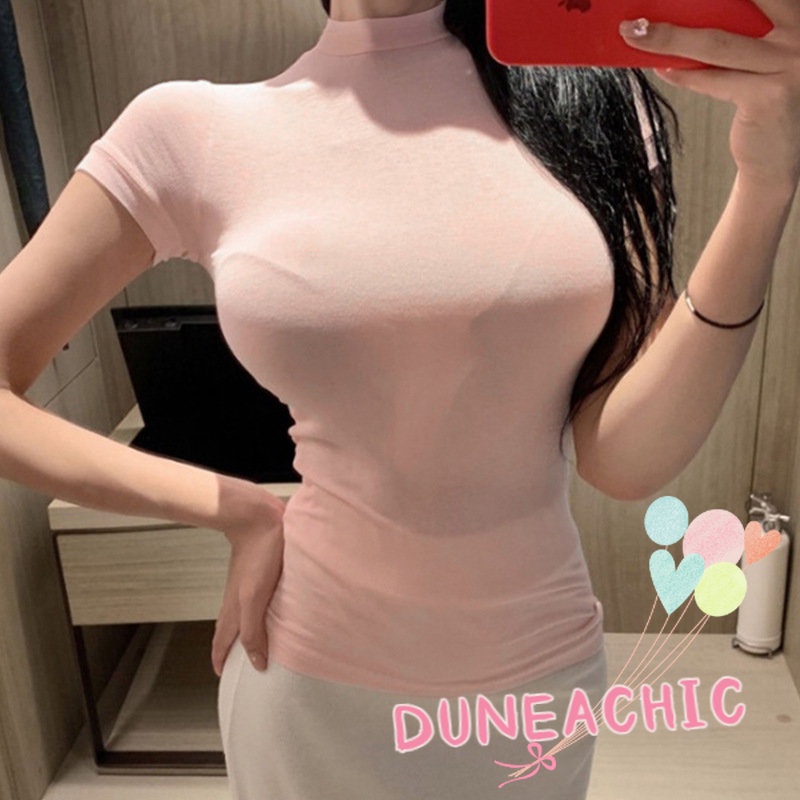 DUNEA Áo thun ngắn tay cổ lọ ôm dáng gợi cảm cho nữ