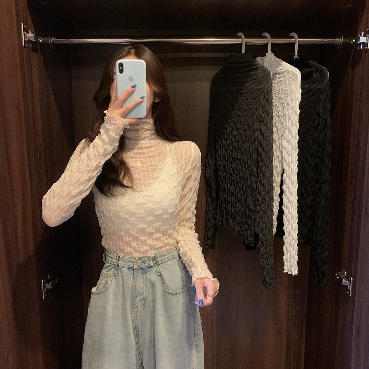 Áo lưới ren mỏng tay dài cổ cao thời trang cho nữ MS77