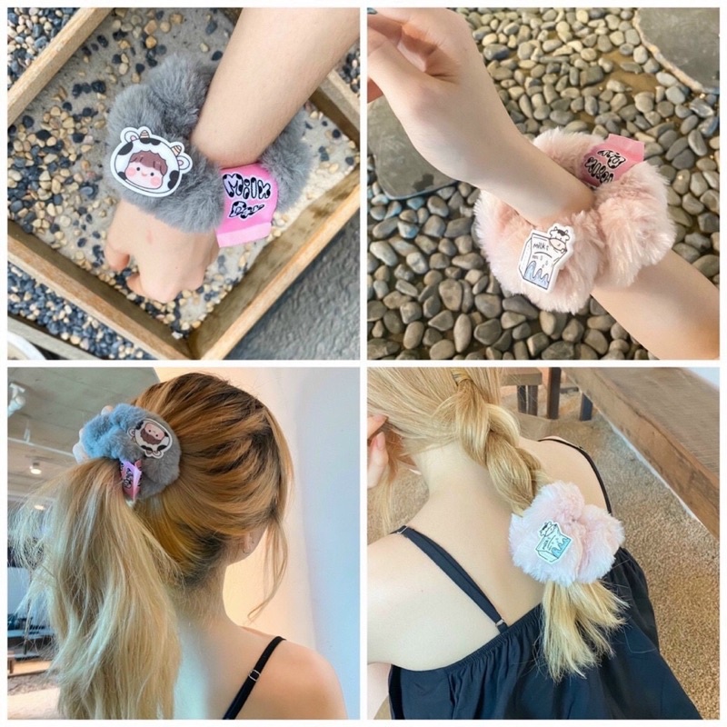 Cột tóc scrunchie lông hoạ tiết bò sữa/thỏ/gấu siêu êm tóc