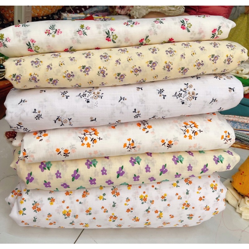 vải thô linen hoa nhí mềm mát may váy áo