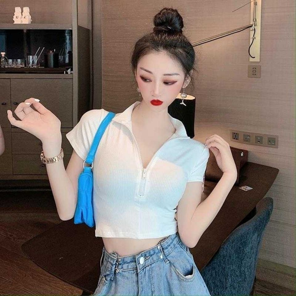 Áo Thun Ngắn Tay Phối Khóa Kéo Thời Trang Mùa Hè Hàn Quốc 2022 Dành Cho Nữ