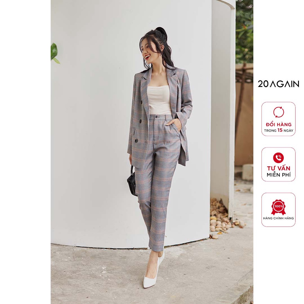 Quần âu nữ dáng basic 20AGAIN, họa tiết caro trẻ trung, chất kẻ tweed cao cấp QBA2173
