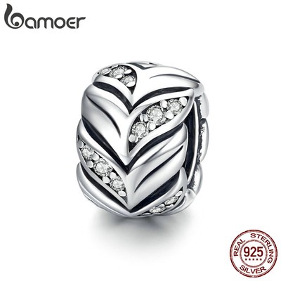 Hạt Xỏ Vòng Tay Bamoer SCC1614 Bằng Bạc 925 Thật Họa Tiết Lúa Mì Đính Đá CZ Dùng Tự Làm Trang Sức Cho Nữ