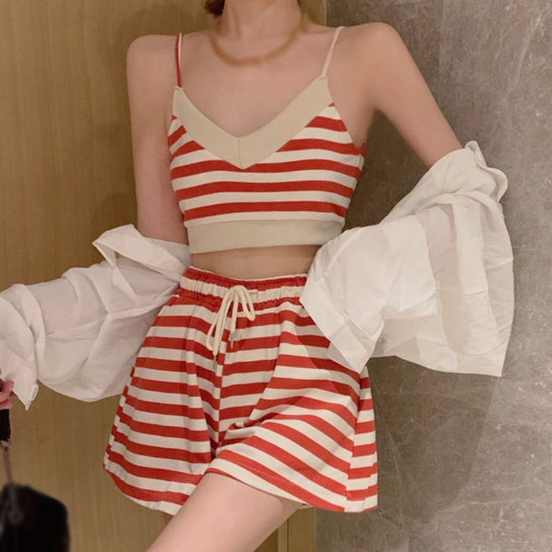 Bộ Áo Hai Dây Kẻ Sọc + Quần Short Dáng Rộng Thời Trang Mùa Hè Cho Nữ
