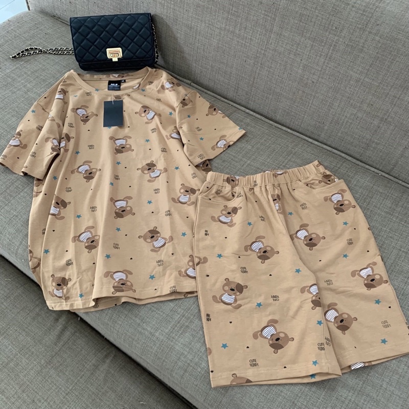 Bộ cotton nữ mặc nhà⚡️Set đồ bộ hình gấu siêu kute hàng Thiết kế cao cấp( Ảnh tự chụp)