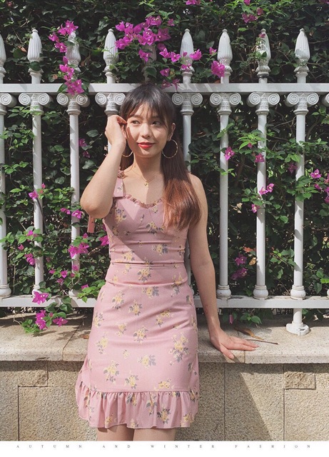 Váy hai dây họa tiết hoa hồng chất lụa - LOVI SHOP