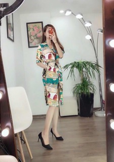 Đầm sơ mi nhiều hoạ tiết(2 túi sườn)