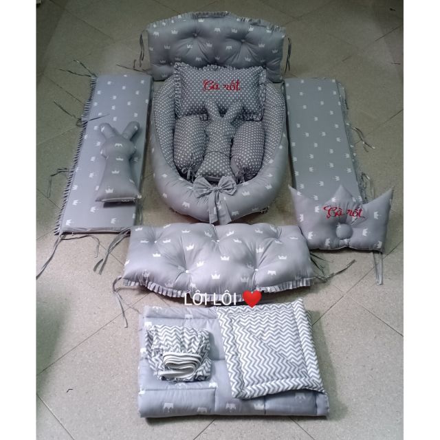 Combo nôi, quây cũi, chăn, ga, gối lõm, gối chặn, thỏ ôm