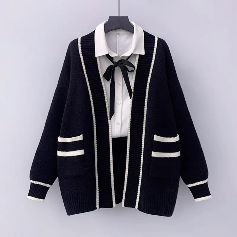 Áo Khoác Cardigan Dệt Kim Tay Dài Dáng Rộng Họa Tiết Kẻ Sọc Thời Trang Mùa Thu Phong Cách Hàn Quốc Cho Nữ