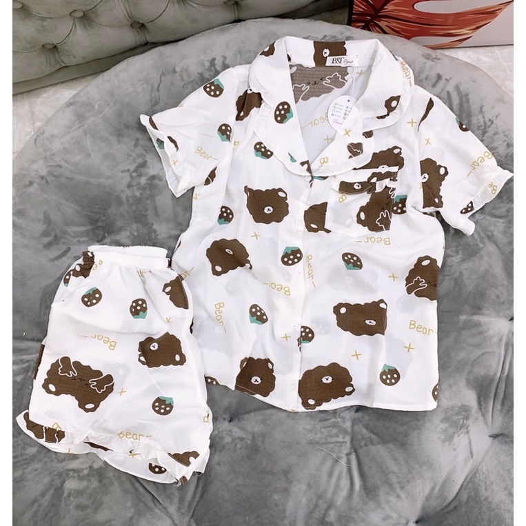 Bộ đồ ngủ nữ cộc tay chất đũi xốp, Bộ đồ ngủ pijama nữ viền bèo chất vải mát