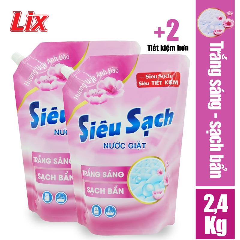 Combo 2 Túi nước giặt Lix Siêu Sạch hương hoa anh đào 2.4Kg / Túi - Siêu sạch, siêu tiết kiệm