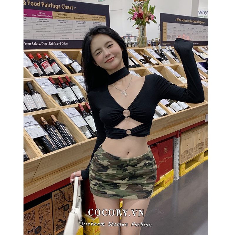 Cocory vn Set Áo Thun Tay Dài / Chân Váy Lưng Cao Hoạ Tiết Lính Thời Trang Mùa Hè Cho Phái Nữ