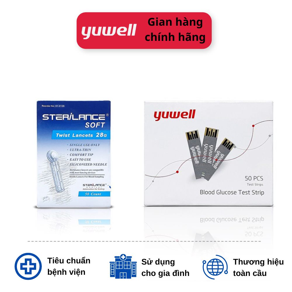 Bộ 50 kim + 50 que thử đường huyết/tiểu đường chính hãng Yuwell