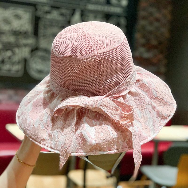 Nón tai bèo rỗng vành rộng che mặt chống nắng viền ren hình nơ thời trang mùa hè Hàn Quốc cho nữ khi đạp xe / đi biển