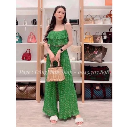 Set 2 dây hoa xanh xếp li cao cấp đồ bộ nữ đi biển xuân hè LT486