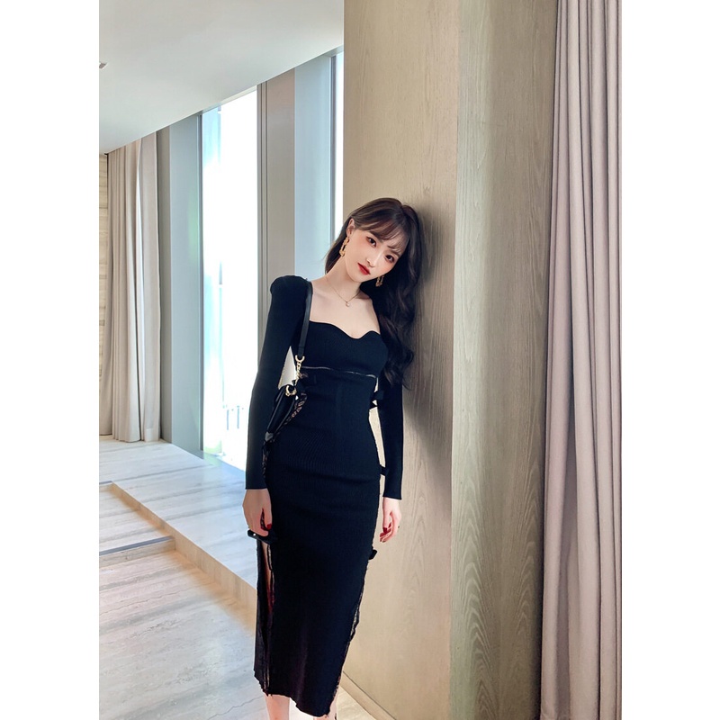 ZYHT Đầm Dệt Kim Màu Đen Dáng Dài Gợi Cảm Thời Trang Hàn Quốc Cho Nữ 4632