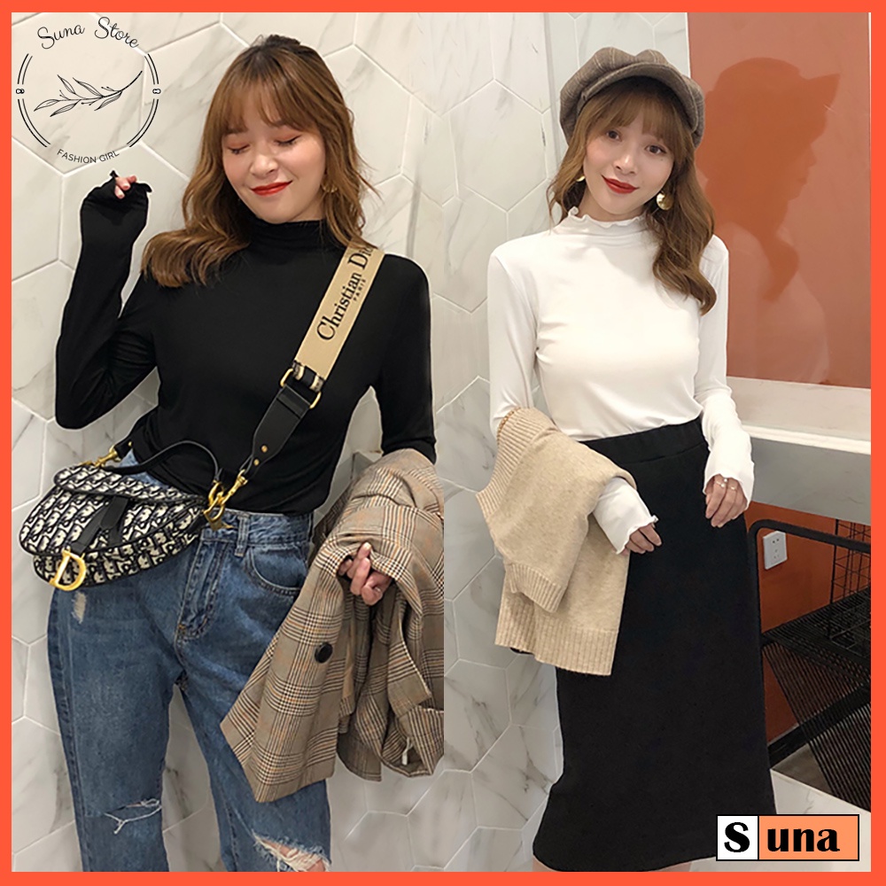 [Quà tặng là kẹo] Áo thun nữ tay dài cổ cao ôm body, Áo phông nữ có cổ len tăm SUNA FASHION từ 40-60Kg AT01 | BigBuy360 - bigbuy360.vn