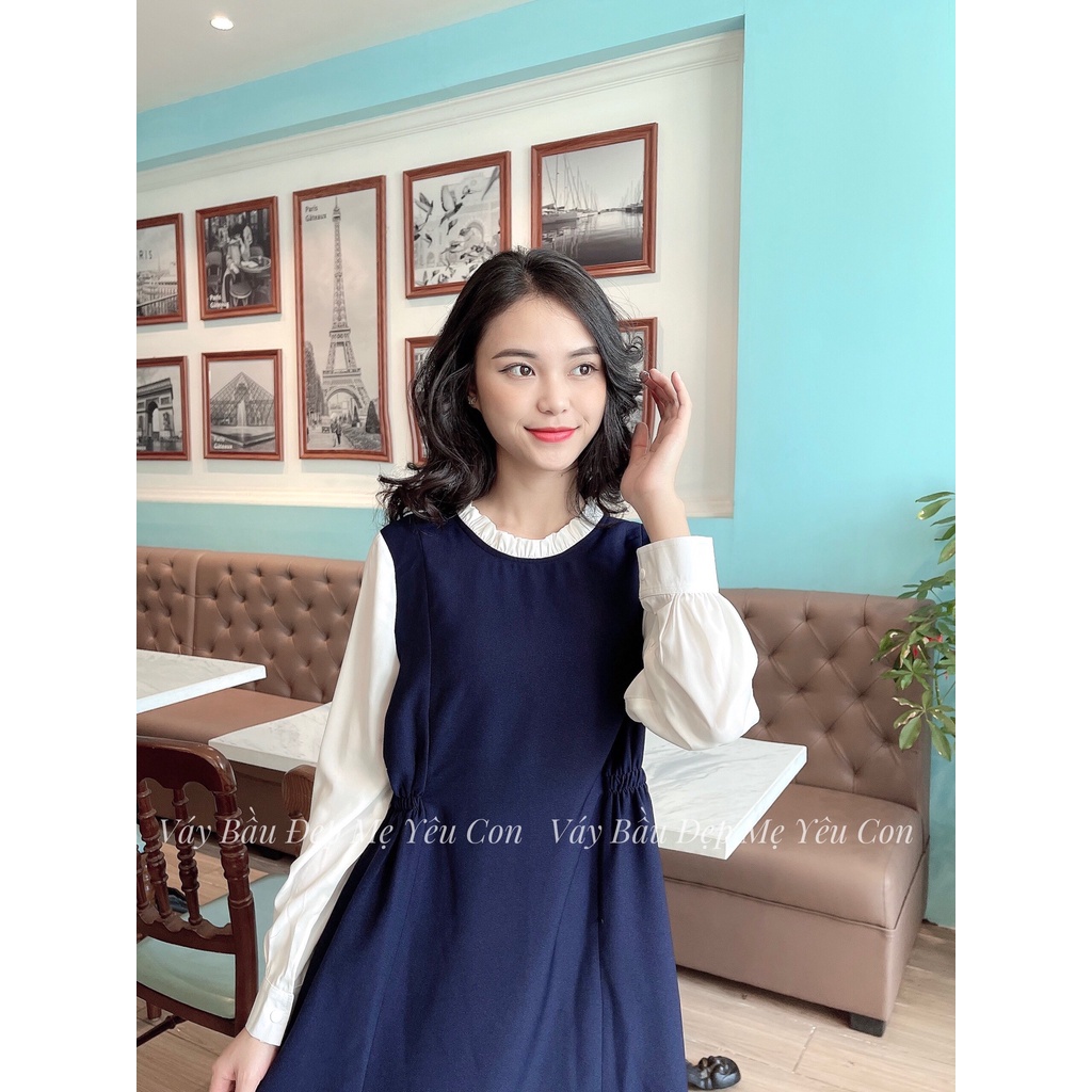 Váy Bầu Thu Đông - Đầm Bầu GUME màu xanh than dáng suông dài tay MYC 6M