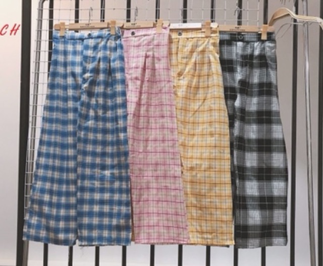 Quần kẻ đính cúc chất kẻ thô COU875