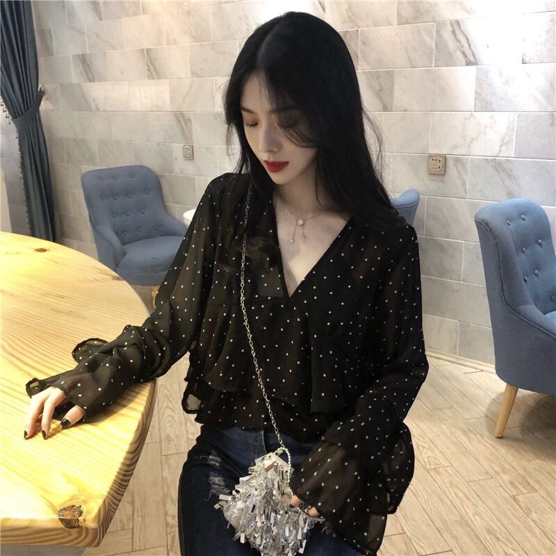 Áo SUXI tay dài in họa tiết chấm bi phong cách Hàn Quốc thời trang retro dành cho nữ