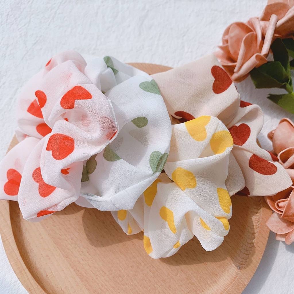 Dây buộc tóc, cột tóc scrunchies Họa tiết trái tim xinh xắn - S05