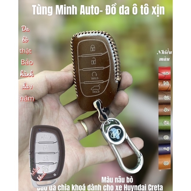 Bao da chìa khoá ô tô Huyndai Creta SMK 4 nút bấm da bò thật handmade