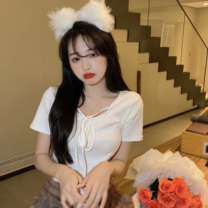 Áo Thun Crop Top Tay Ngắn Màu Trắng Thiết Kế Quyến Rũ Thời Trang Mùa Hè