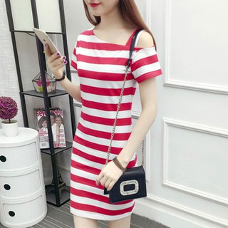 Đầm lệch vai kẻ sọc cho nữ