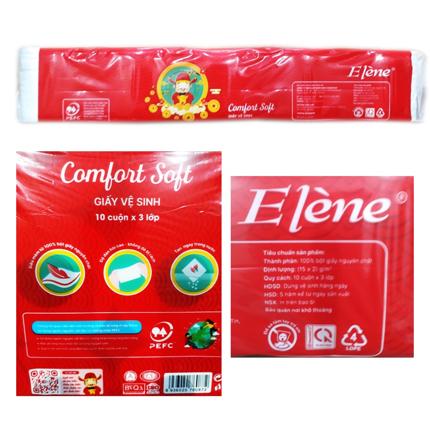 [Chính hãng] Combo 6 lốc Giấy vệ sinh Elène Tết Thần Tài 10 cuộn 3 lớp [Ảnh thật]