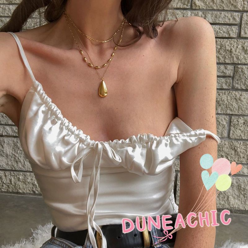 DUNEA Áo Croptop Hai Dây Cổ Chữ V Hở Lưng Quyến Rũ Cho Nữ