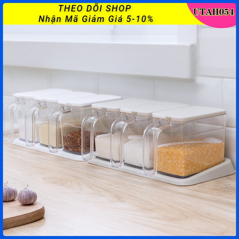 [Hàng Sẵn] Set 3 hũ đựng gia vị Nhựa trong suốt dung tích lớn có nắp đậy kèm muỗng cho nhà bếp【Utah054】