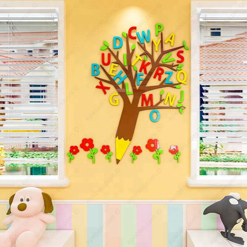 Tranh dán tường mica 3d decor khổ lớn cây chữ cái tiếng anh trang trí mầm non, phòng cho bé Nhiều Size - EPeBen