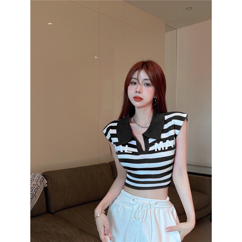 Cocory vn Áo Croptop Dệt Kim Sát Nách Cổ Polo In Chữ Quyến Rũ Thời Trang Mùa Hè 5 Màu Sắc Tùy Chọn Dành Cho Nữ